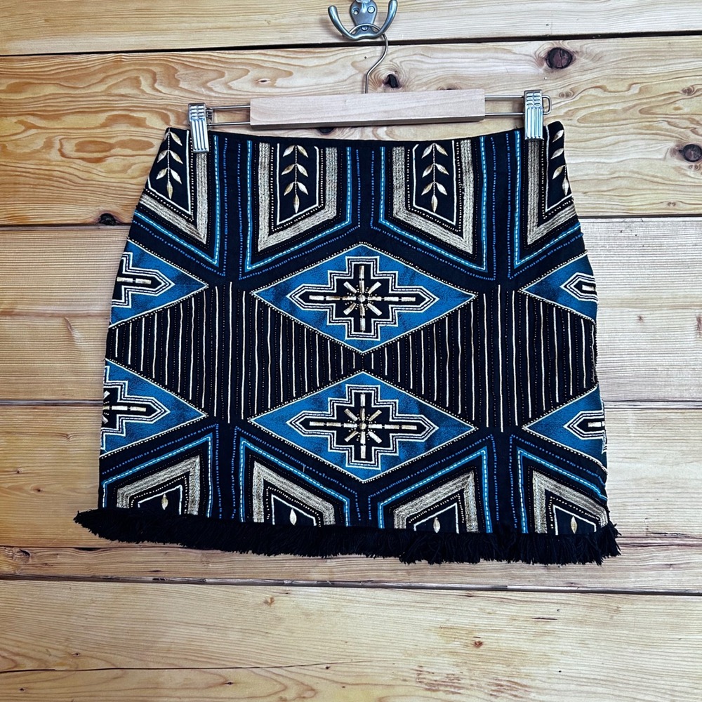 Beaded Embroidered Mini Skirt Women Size 10 Blue Black Boho Aztec Festival H&M